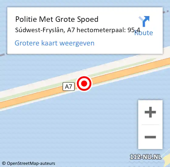 Locatie op kaart van de 112 melding: Politie Met Grote Spoed Naar Súdwest-Fryslân, A7 hectometerpaal: 95,4 op 7 november 2024 11:49