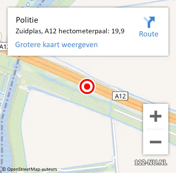 Locatie op kaart van de 112 melding: Politie Zuidplas, A12 hectometerpaal: 19,9 op 7 november 2024 14:10