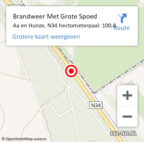 Locatie op kaart van de 112 melding: Brandweer Met Grote Spoed Naar Aa en Hunze, N34 hectometerpaal: 100,8 op 7 november 2024 14:45