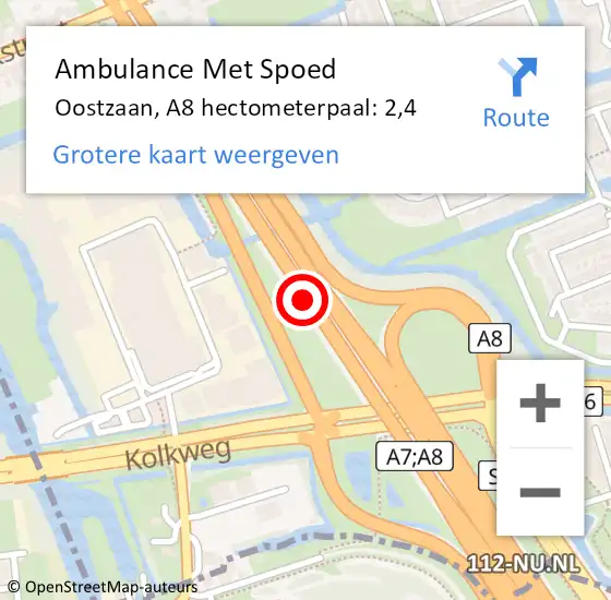 Locatie op kaart van de 112 melding: Ambulance Met Spoed Naar Oostzaan, A8 hectometerpaal: 2,4 op 7 november 2024 14:55