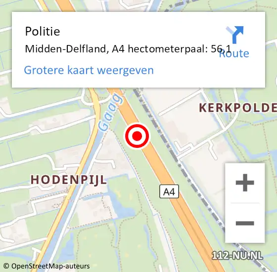 Locatie op kaart van de 112 melding: Politie Midden-Delfland, A4 hectometerpaal: 56,1 op 7 november 2024 15:58