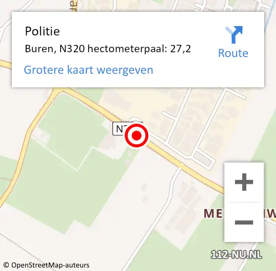 Locatie op kaart van de 112 melding: Politie Buren, N320 hectometerpaal: 27,2 op 7 november 2024 17:02