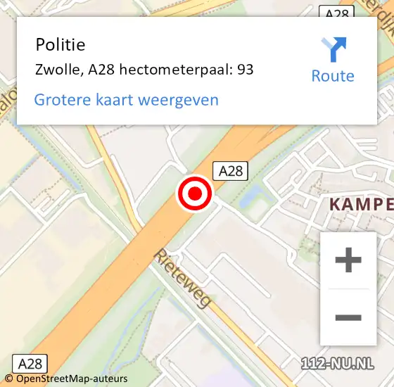 Locatie op kaart van de 112 melding: Politie Zwolle, A28 hectometerpaal: 93 op 7 november 2024 17:28