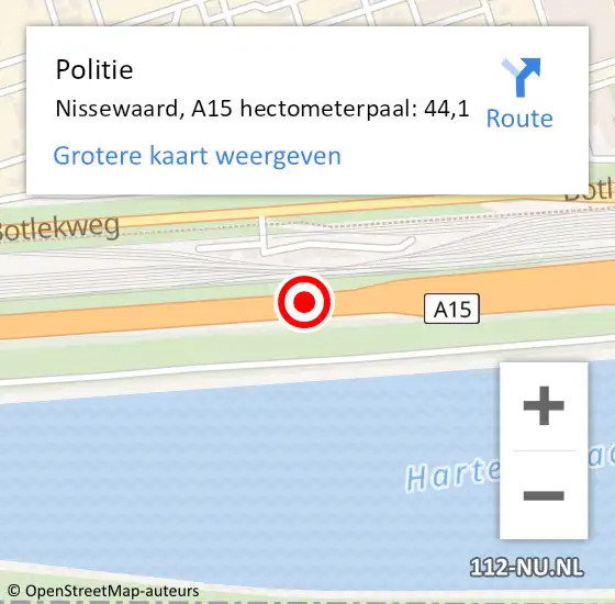 Locatie op kaart van de 112 melding: Politie Nissewaard, A15 hectometerpaal: 44,1 op 7 november 2024 18:01