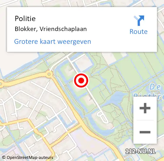 Locatie op kaart van de 112 melding: Politie Blokker, Vriendschaplaan op 26 oktober 2014 07:09