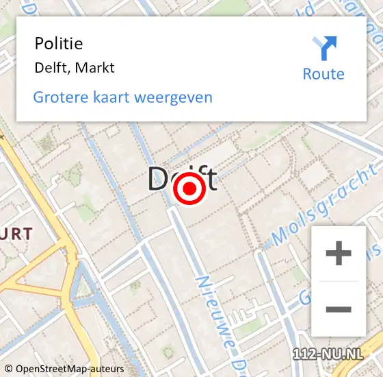 Locatie op kaart van de 112 melding: Politie Delft, Markt op 7 november 2024 18:51