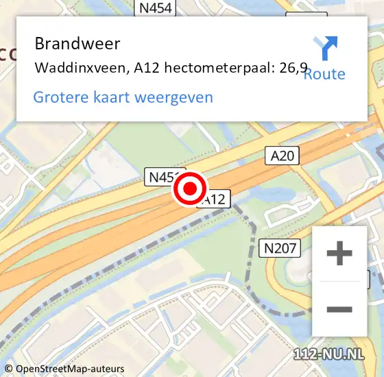 Locatie op kaart van de 112 melding: Brandweer Waddinxveen, A12 hectometerpaal: 26,9 op 7 november 2024 18:53