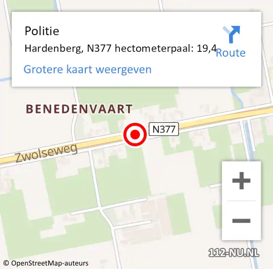 Locatie op kaart van de 112 melding: Politie Hardenberg, N377 hectometerpaal: 19,4 op 7 november 2024 18:59