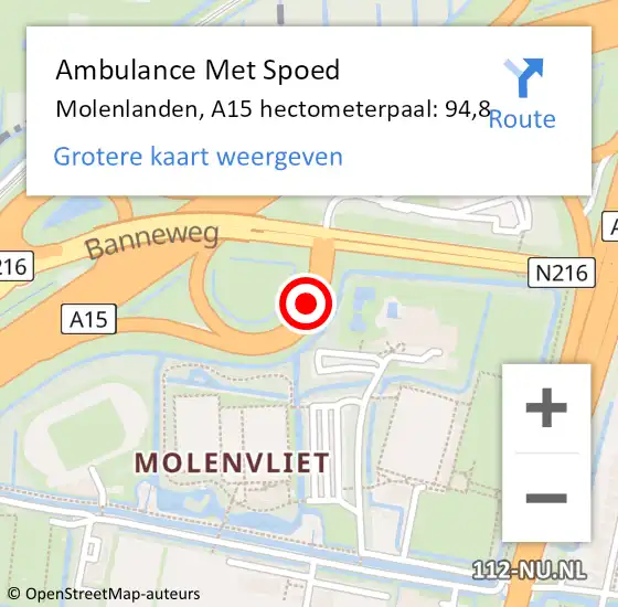 Locatie op kaart van de 112 melding: Ambulance Met Spoed Naar Molenlanden, A15 hectometerpaal: 94,8 op 7 november 2024 20:07