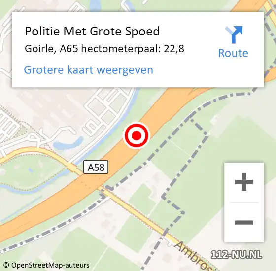 Locatie op kaart van de 112 melding: Politie Met Grote Spoed Naar Goirle, A65 hectometerpaal: 22,8 op 7 november 2024 20:27