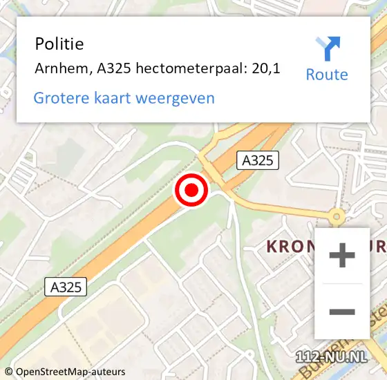 Locatie op kaart van de 112 melding: Politie Arnhem, A325 hectometerpaal: 20,1 op 7 november 2024 21:46