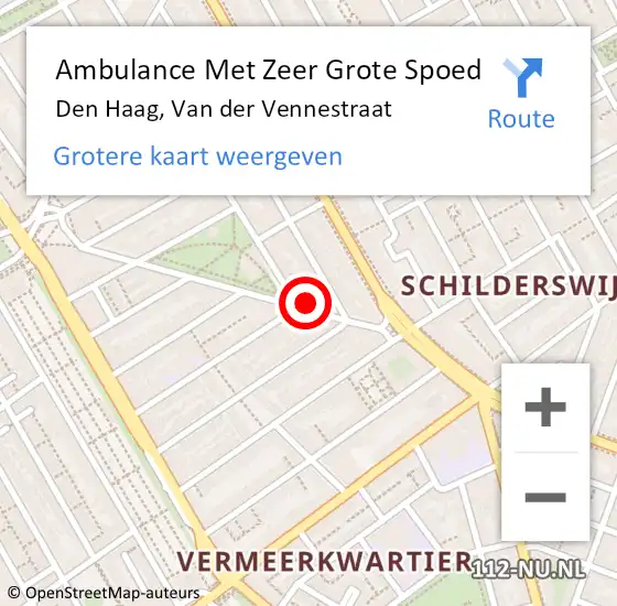 Locatie op kaart van de 112 melding: Ambulance Met Zeer Grote Spoed Naar Den Haag, Van der Vennestraat op 7 november 2024 21:51