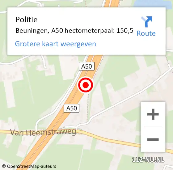 Locatie op kaart van de 112 melding: Politie Beuningen, A50 hectometerpaal: 150,5 op 7 november 2024 22:10