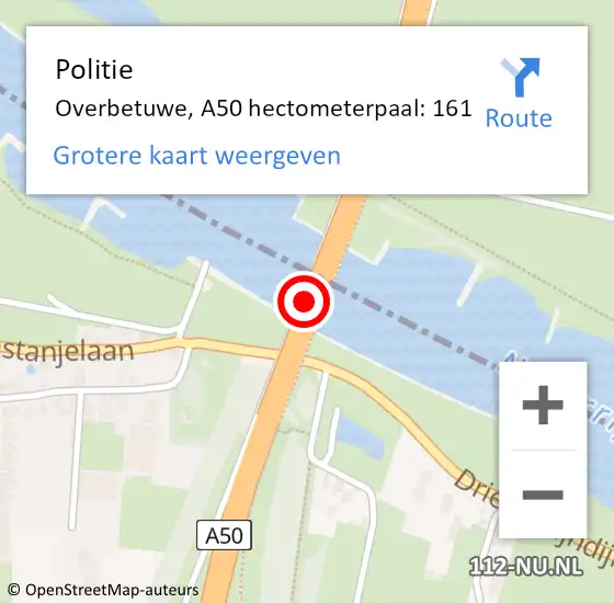 Locatie op kaart van de 112 melding: Politie Overbetuwe, A50 hectometerpaal: 161 op 8 november 2024 01:39