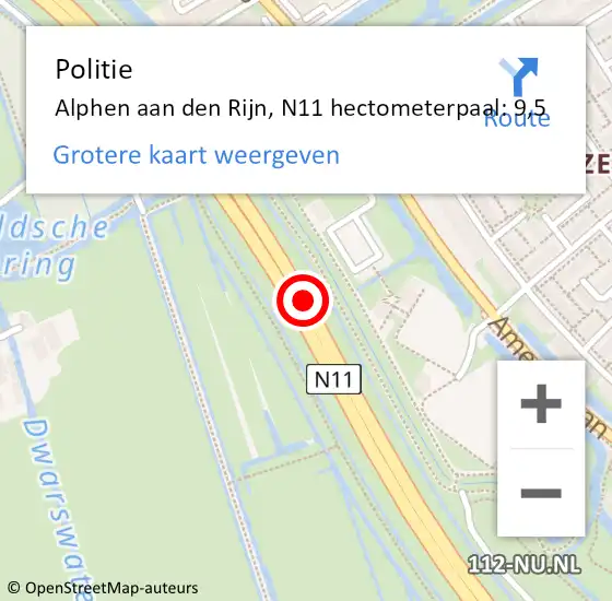 Locatie op kaart van de 112 melding: Politie Alphen aan den Rijn, N11 hectometerpaal: 9,5 op 8 november 2024 06:47