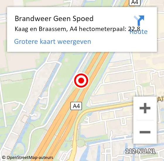 Locatie op kaart van de 112 melding: Brandweer Geen Spoed Naar Kaag en Braassem, A4 hectometerpaal: 22,8 op 8 november 2024 07:04