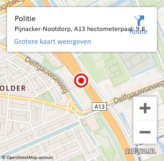 Locatie op kaart van de 112 melding: Politie Pijnacker-Nootdorp, A13 hectometerpaal: 9,8 op 8 november 2024 08:13