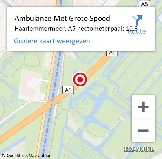 Locatie op kaart van de 112 melding: Ambulance Met Grote Spoed Naar Haarlemmermeer, A5 hectometerpaal: 10,3 op 8 november 2024 08:36