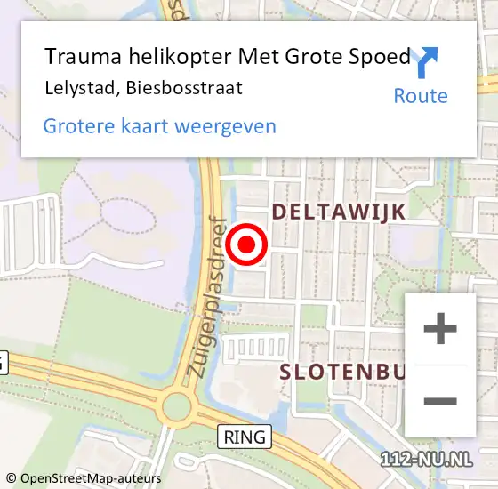 Locatie op kaart van de 112 melding: Trauma helikopter Met Grote Spoed Naar Lelystad, Biesbosstraat op 8 november 2024 10:10