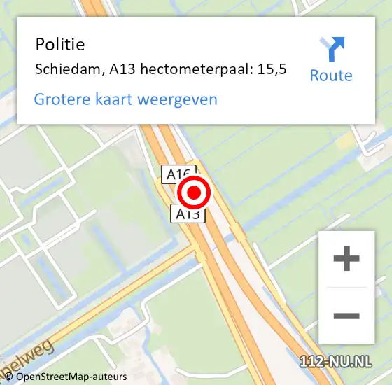 Locatie op kaart van de 112 melding: Politie Schiedam, A13 hectometerpaal: 15,5 op 8 november 2024 12:46