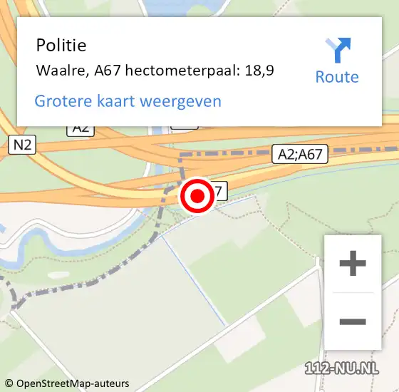 Locatie op kaart van de 112 melding: Politie Waalre, A67 hectometerpaal: 18,9 op 8 november 2024 12:57