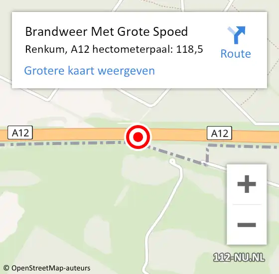 Locatie op kaart van de 112 melding: Brandweer Met Grote Spoed Naar Renkum, A12 hectometerpaal: 118,5 op 8 november 2024 16:53