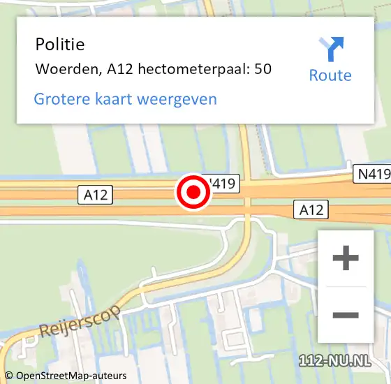 Locatie op kaart van de 112 melding: Politie Woerden, A12 hectometerpaal: 50 op 8 november 2024 17:01