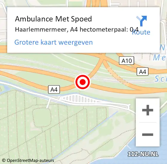 Locatie op kaart van de 112 melding: Ambulance Met Spoed Naar Haarlemmermeer, A4 hectometerpaal: 0,4 op 8 november 2024 18:06