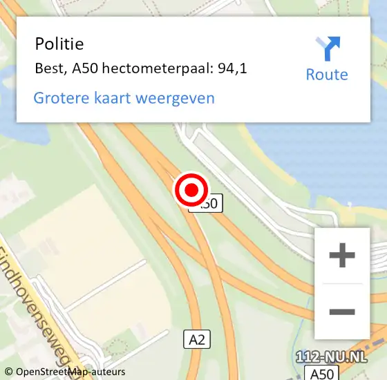 Locatie op kaart van de 112 melding: Politie Best, A50 hectometerpaal: 94,1 op 8 november 2024 18:07