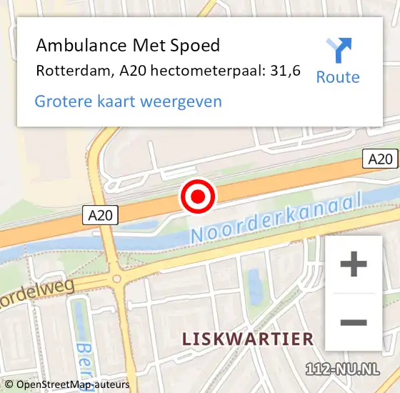 Locatie op kaart van de 112 melding: Ambulance Met Spoed Naar Rotterdam, A20 hectometerpaal: 31,6 op 8 november 2024 19:01