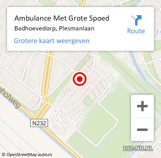 Locatie op kaart van de 112 melding: Ambulance Met Grote Spoed Naar Badhoevedorp, Plesmanlaan op 8 november 2024 19:32