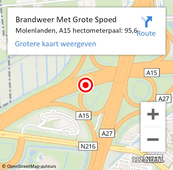 Locatie op kaart van de 112 melding: Brandweer Met Grote Spoed Naar Molenlanden, A15 hectometerpaal: 95,6 op 8 november 2024 20:18