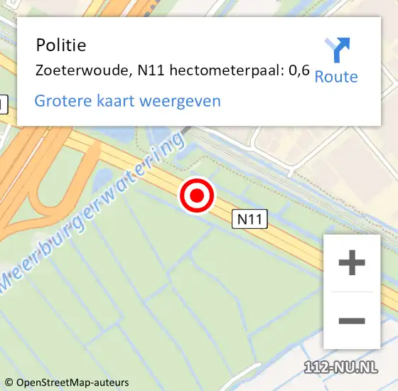 Locatie op kaart van de 112 melding: Politie Zoeterwoude, N11 hectometerpaal: 0,6 op 8 november 2024 20:52