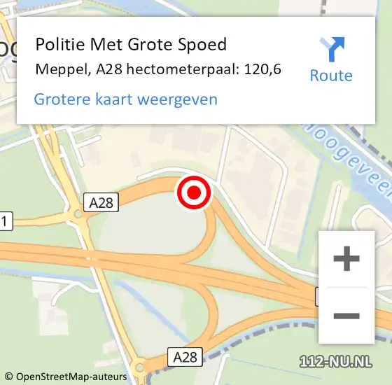 Locatie op kaart van de 112 melding: Politie Met Grote Spoed Naar Meppel, A28 hectometerpaal: 120,6 op 8 november 2024 23:42