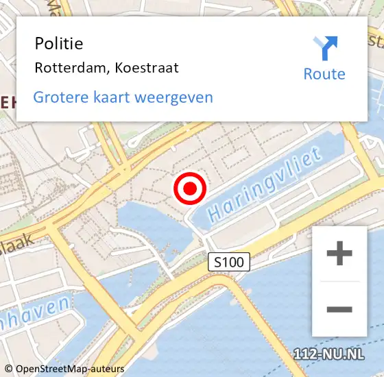 Locatie op kaart van de 112 melding: Politie Rotterdam, Koestraat op 9 november 2024 03:05