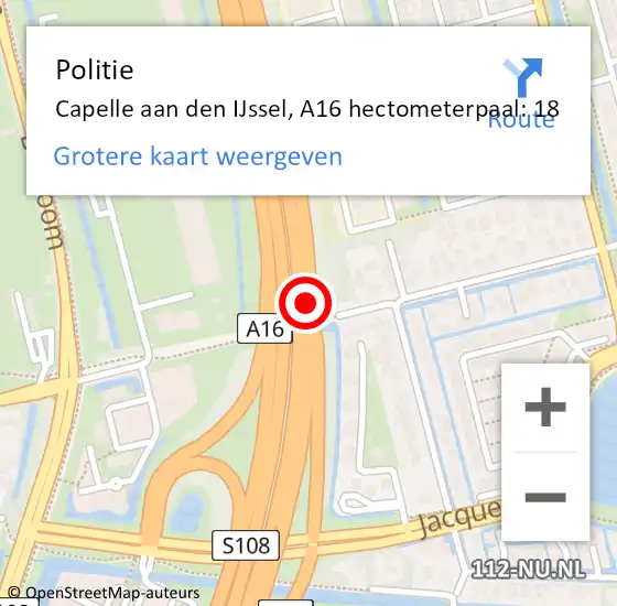 Locatie op kaart van de 112 melding: Politie Capelle aan den IJssel, A16 hectometerpaal: 18 op 9 november 2024 07:08