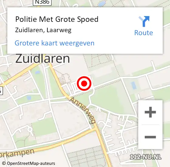 Locatie op kaart van de 112 melding: Politie Met Grote Spoed Naar Zuidlaren, Laarweg op 9 november 2024 13:05