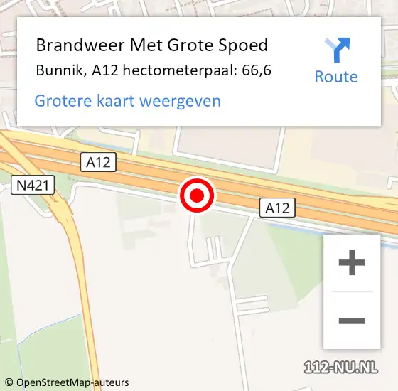 Locatie op kaart van de 112 melding: Brandweer Met Grote Spoed Naar Bunnik, A12 hectometerpaal: 66,6 op 9 november 2024 15:49