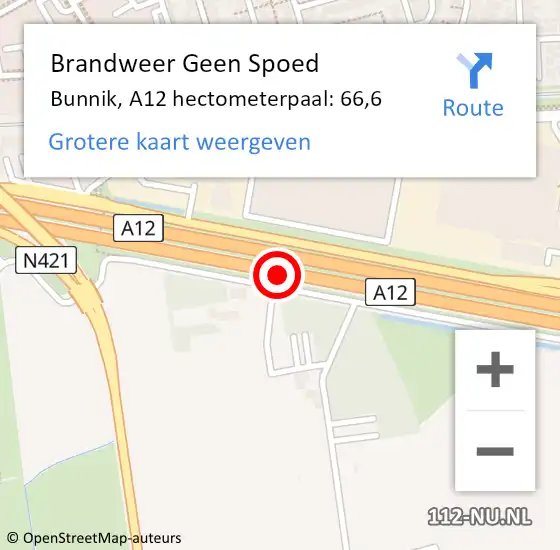 Locatie op kaart van de 112 melding: Brandweer Geen Spoed Naar Bunnik, A12 hectometerpaal: 66,6 op 9 november 2024 15:51