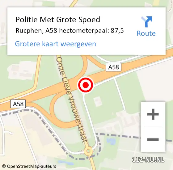 Locatie op kaart van de 112 melding: Politie Met Grote Spoed Naar Rucphen, A58 hectometerpaal: 87,5 op 9 november 2024 16:24