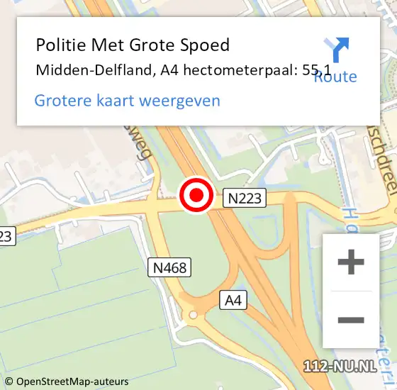 Locatie op kaart van de 112 melding: Politie Met Grote Spoed Naar Midden-Delfland, A4 hectometerpaal: 55,1 op 9 november 2024 18:05