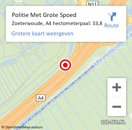 Locatie op kaart van de 112 melding: Politie Met Grote Spoed Naar Zoeterwoude, A4 hectometerpaal: 33,8 op 9 november 2024 18:20