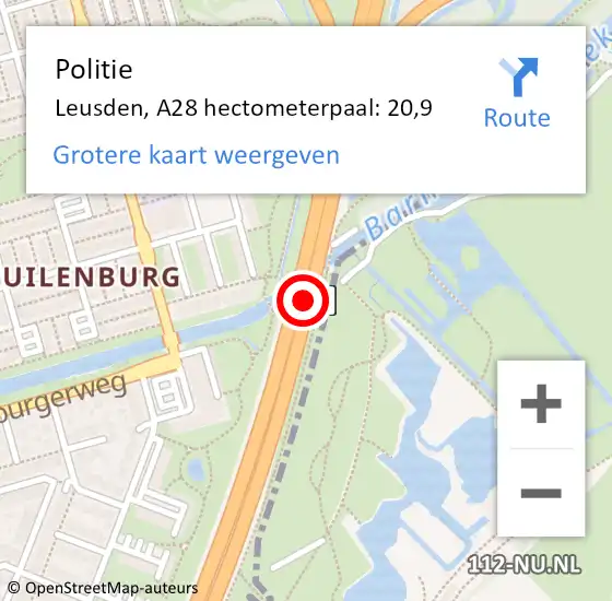 Locatie op kaart van de 112 melding: Politie Leusden, A28 hectometerpaal: 20,9 op 9 november 2024 18:31