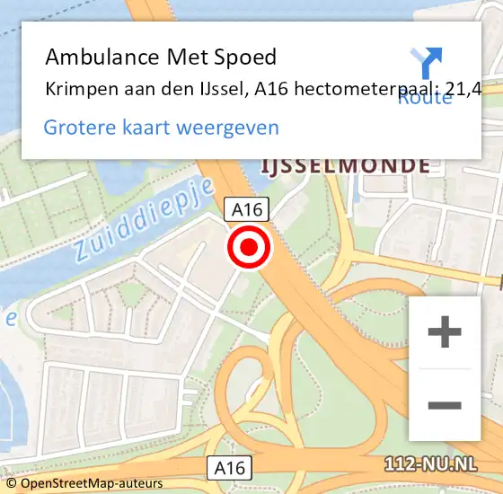 Locatie op kaart van de 112 melding: Ambulance Met Spoed Naar Krimpen aan den IJssel, A16 hectometerpaal: 21,4 op 9 november 2024 18:52