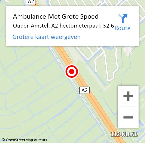 Locatie op kaart van de 112 melding: Ambulance Met Grote Spoed Naar Ouder-Amstel, A2 hectometerpaal: 32,6 op 9 november 2024 21:41