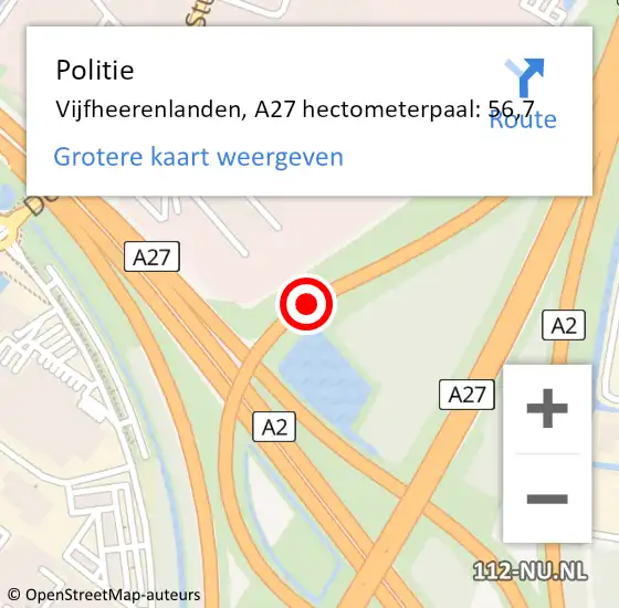 Locatie op kaart van de 112 melding: Politie Vijfheerenlanden, A27 hectometerpaal: 56,7 op 9 november 2024 22:14