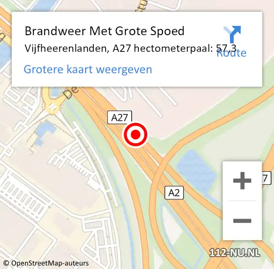 Locatie op kaart van de 112 melding: Brandweer Met Grote Spoed Naar Vijfheerenlanden, A27 hectometerpaal: 57,3 op 9 november 2024 22:15