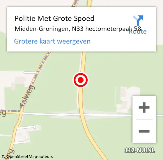 Locatie op kaart van de 112 melding: Politie Met Grote Spoed Naar Midden-Groningen, N33 hectometerpaal: 58 op 10 november 2024 00:43