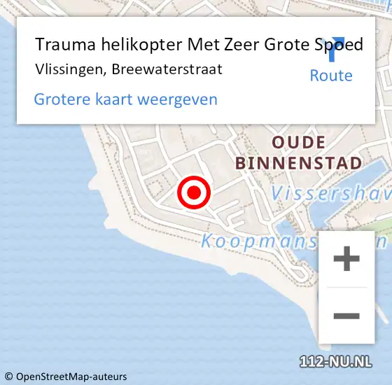 Locatie op kaart van de 112 melding: Trauma helikopter Met Zeer Grote Spoed Naar Vlissingen, Breewaterstraat op 10 november 2024 00:50