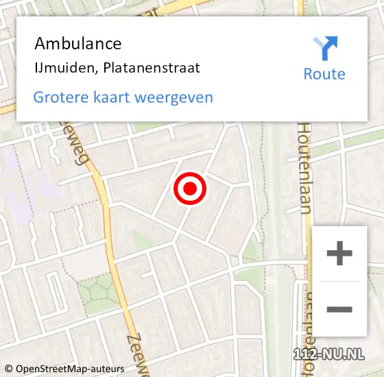 Locatie op kaart van de 112 melding: Ambulance IJmuiden, Platanenstraat op 10 november 2024 01:39